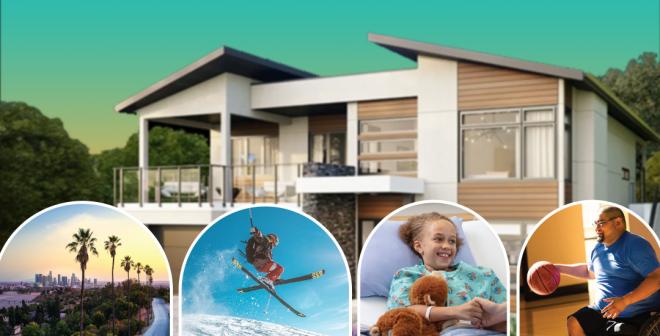 Collage of dream home, palm trees, ski jump, girl in hospital bed and person in wheelchair playing basketball