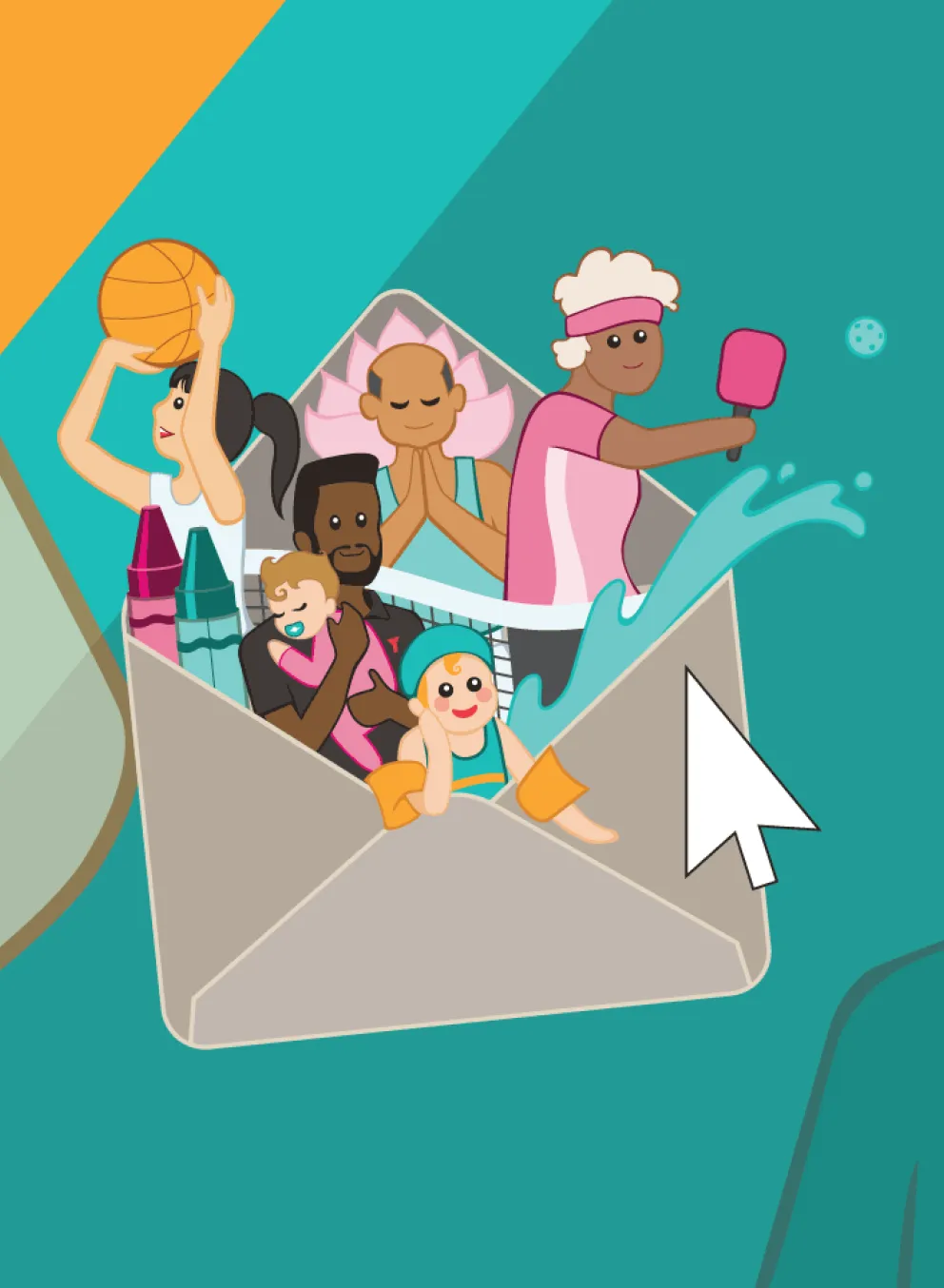 cursor hovers over envelope full of a diverse group of people participating in various activities