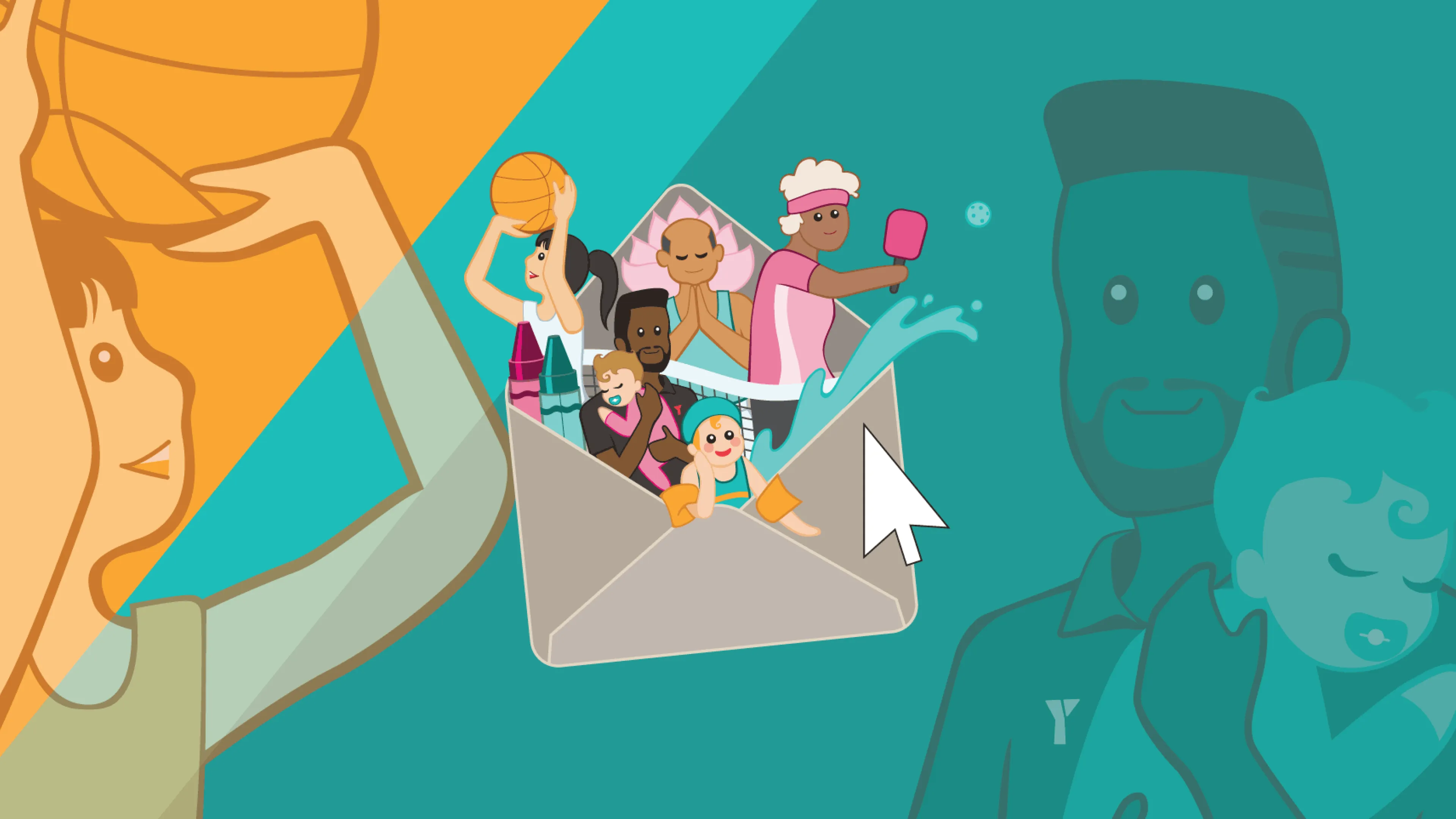 cursor hovers over envelope full of a diverse group of people participating in various activities