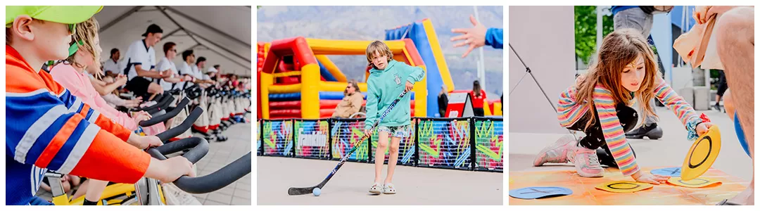 kids having fun cycling, playing hockey, and playing tic-tac-toe