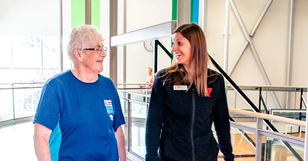 Mavis and Adriane walk and talk on the Kelowna Family Y walking track