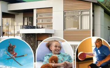 Dream home in the background with bubbles showing a child smiling in a hospital bed and another bubble with a man playing wheelchair basketball in a gym