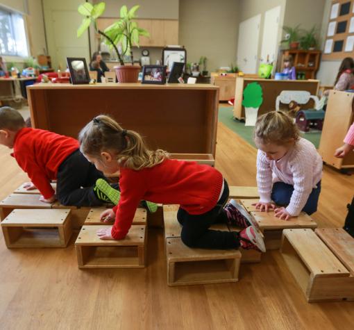 Full Day Child Care group of children playing on natural wooden blocks