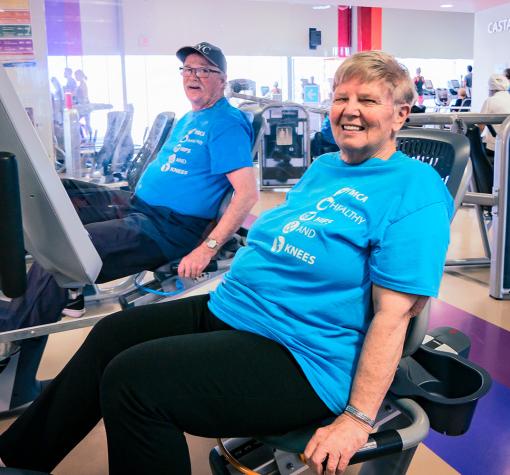 Healthy Hips and Knees participants using stationary recumbent bikes